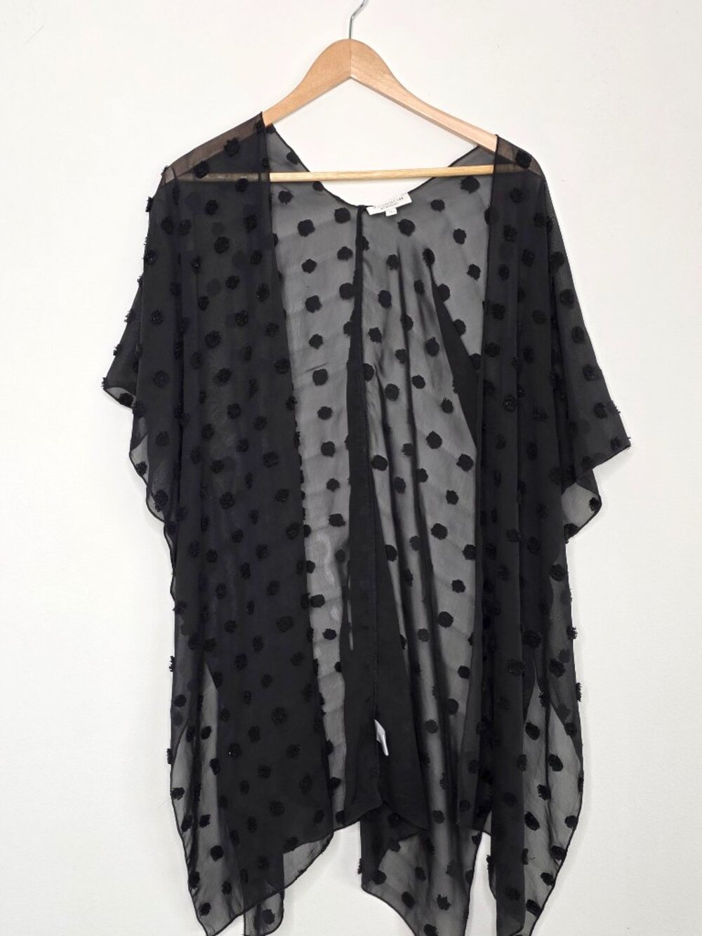 Studio B by Bobeau Medium M Black Sheer Flocked Swiss Dot Open Kimono Cardigan